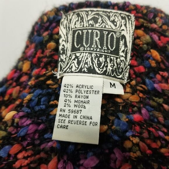 Vintage Curio Chunky Knit Wool Blend Mohair Black Rainbow Longline Cardigan Md - Picture 8 of 8